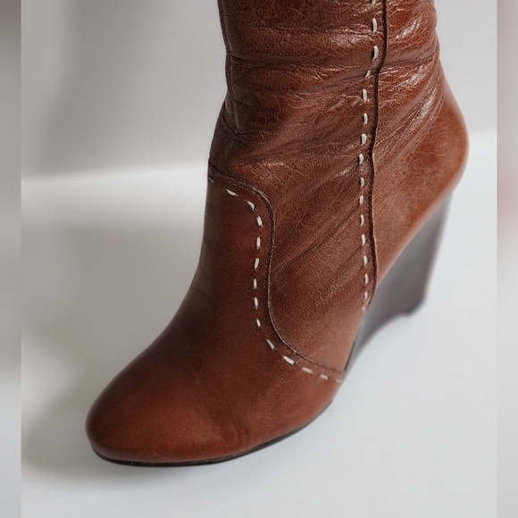 DIBA BOOTS COGNAC BROWN WEDGE HEEL KNEE HIGH ALMOND TOE BUCKLE LEATHER 7 - Picture 3 of 16